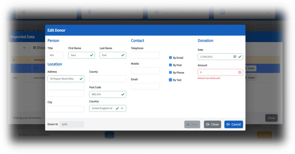 GiftAider charity CRM software edit donor interface showing fields for donor information, location, contact preferences, and donation details, emphasising ease of use for charity management systems.